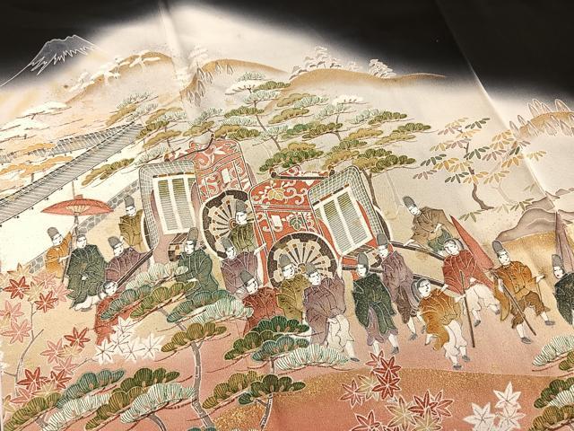 平和屋着物■豪華黒留袖　作家物　人物風景文　富士山　暈し染め　金通し地　正絹　逸品　BAAR5030ui