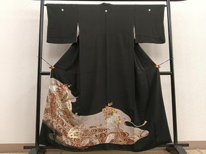 平和屋着物■豪華黒留袖　檜扇花鳥文　金彩　正絹　逸品　BAAR5121ui