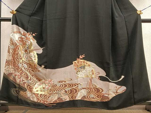 平和屋着物■豪華黒留袖　檜扇花鳥文　金彩　正絹　逸品　BAAR5121ui