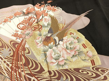 平和屋着物■豪華黒留袖　檜扇花鳥文　金彩　正絹　逸品　BAAR5121ui