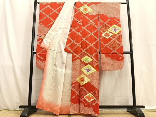 振袖 鹿子絞り 豪華な花車 金彩 銀彩 広衿 袷 正絹 T-3313 着物