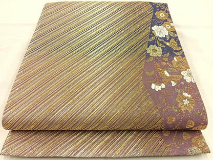 平和屋着物◎六通柄袋帯 車線花蝶文 金銀糸 正絹 逸品 BAAR9691cm