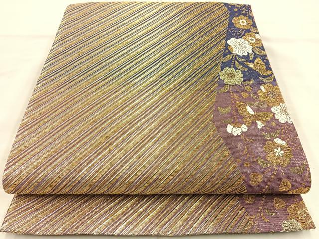 平和屋着物◎六通柄袋帯 車線花蝶文 金銀糸 正絹 逸品 BAAR9691cm