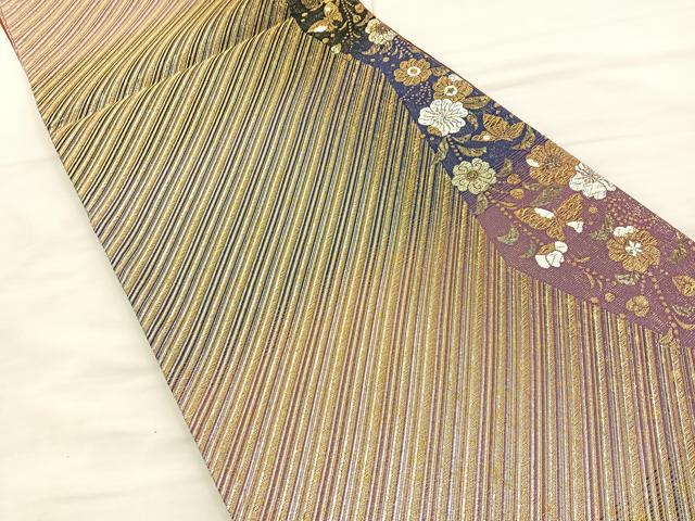 平和屋着物◎六通柄袋帯 車線花蝶文 金銀糸 正絹 逸品 BAAR9691cm