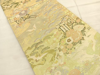 平和屋着物◎六通柄袋帯 御所車花文 金糸 正絹 逸品 BAAR9692cm
