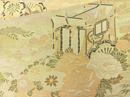 平和屋着物◎六通柄袋帯 御所車花文 金糸 正絹 逸品 BAAR9692cm
