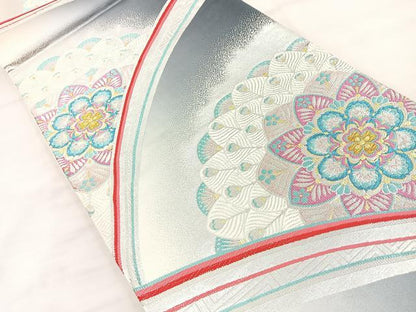 平和屋着物◎六通柄袋帯 孔雀羽花文 金銀糸 正絹 逸品 BAAR9701cm