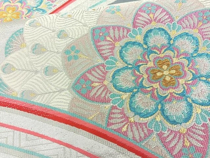 平和屋着物◎六通柄袋帯 孔雀羽花文 金銀糸 正絹 逸品 BAAR9701cm