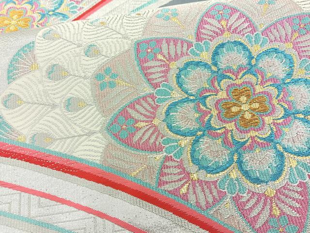 平和屋着物◎六通柄袋帯 孔雀羽花文 金銀糸 正絹 逸品 BAAR9701cm