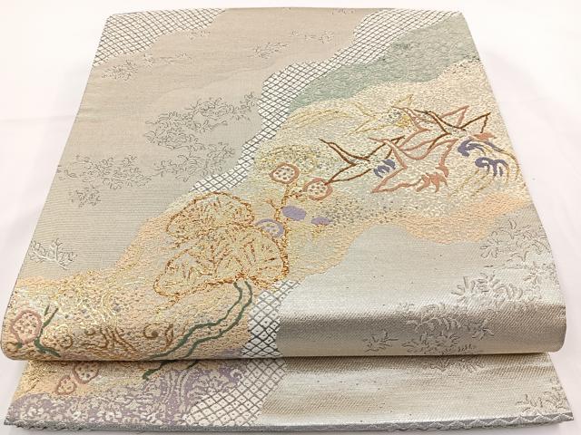 平和屋着物◎六通柄袋帯 唐織 本草木染 道長飛鶴松文 金銀糸 正絹 逸品 BAAR9702cm