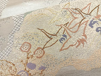平和屋着物◎六通柄袋帯 唐織 本草木染 道長飛鶴松文 金銀糸 正絹 逸品 BAAR9702cm