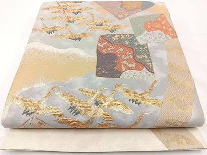 平和屋着物◎六通柄袋帯　唐織　しょうはく　飛翔鶴色紙散らし文　金銀糸　正絹　逸品　BAAR9703cm