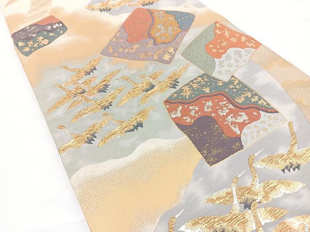 平和屋着物◎六通柄袋帯　唐織　しょうはく　飛翔鶴色紙散らし文　金銀糸　正絹　逸品　BAAR9703cm