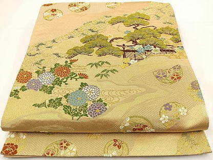 平和屋着物◎六通柄袋帯 唐織 花丸松文 金糸 正絹 逸品 BAAR9713cm