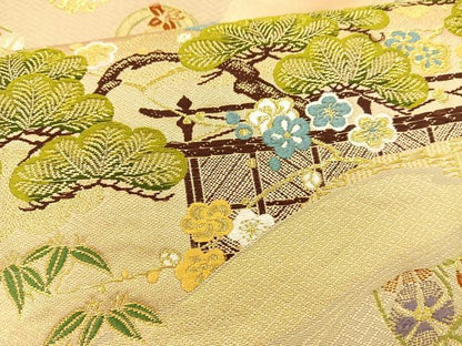 平和屋着物◎六通柄袋帯 唐織 花丸松文 金糸 正絹 逸品 BAAR9713cm