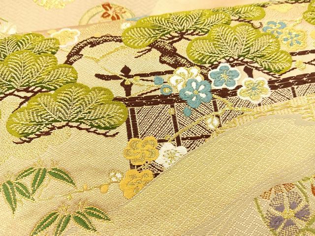 平和屋着物◎六通柄袋帯 唐織 花丸松文 金糸 正絹 逸品 BAAR9713cm