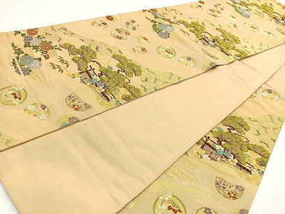 平和屋着物◎六通柄袋帯 唐織 花丸松文 金糸 正絹 逸品 BAAR9713cm
