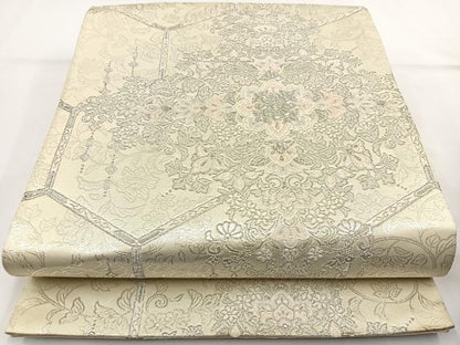 平和屋着物◎六通柄袋帯 唐織 吉祥華飾華文 銀糸 正絹 逸品 BAAR9715cm