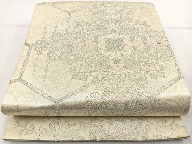 平和屋着物◎六通柄袋帯 唐織 吉祥華飾華文 銀糸 正絹 逸品 BAAR9715cm