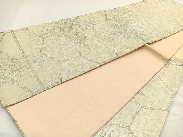 平和屋着物◎六通柄袋帯 唐織 吉祥華飾華文 銀糸 正絹 逸品 BAAR9715cm