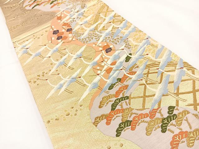 平和屋着物◎六通柄袋帯 唐織 群鶴 金糸 正絹 逸品 BAAR9717cm