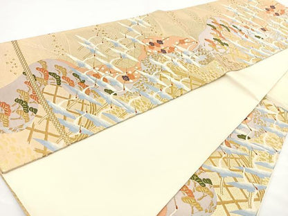 平和屋着物◎六通柄袋帯 唐織 群鶴 金糸 正絹 逸品 BAAR9717cm