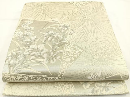 平和屋着物◎六通柄袋帯 唐織 草花文 乱菊 銀糸 正絹 逸品 BAAR9718cm