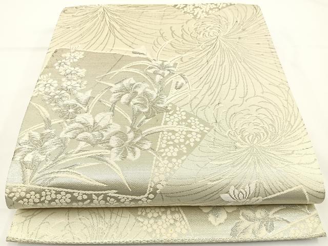 平和屋着物◎六通柄袋帯 唐織 草花文 乱菊 銀糸 正絹 逸品 BAAR9718cm