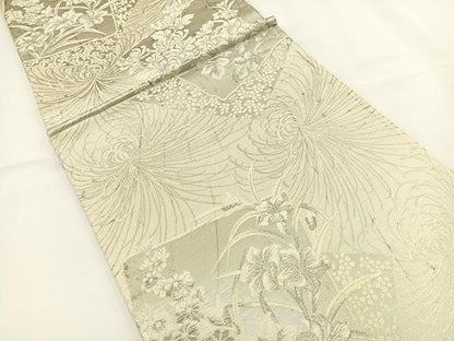 平和屋着物◎六通柄袋帯 唐織 草花文 乱菊 銀糸 正絹 逸品 BAAR9718cm