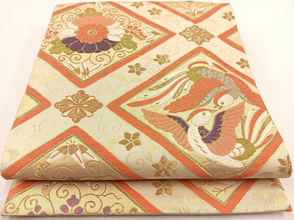 平和屋着物◎六通柄袋帯　花鳥菱文　金糸　正絹　逸品　BAAR9719cm