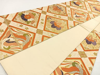 平和屋着物◎六通柄袋帯　花鳥菱文　金糸　正絹　逸品　BAAR9719cm