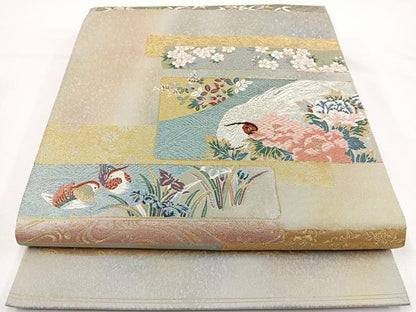 平和屋着物◎六通柄袋帯　唐織　加賀優彩　花鳥文　金銀糸　正絹　逸品　BAAR9723cm