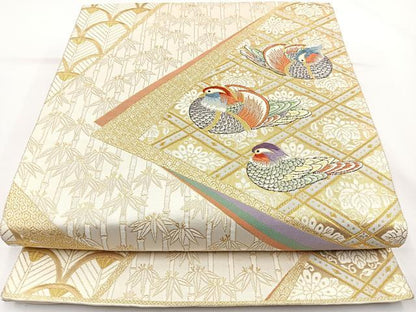 平和屋着物◎六通柄袋帯 唐織 裂型鴛鴦文 金糸 正絹 逸品 BAAR9724cm