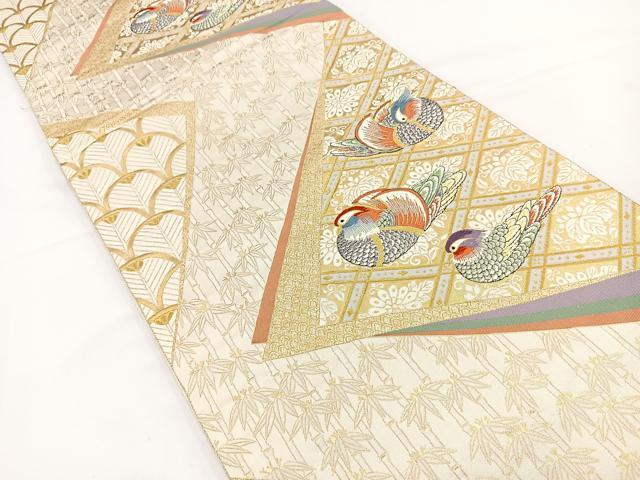 平和屋着物◎六通柄袋帯 唐織 裂型鴛鴦文 金糸 正絹 逸品 BAAR9724cm