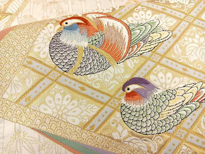 平和屋着物◎六通柄袋帯 唐織 裂型鴛鴦文 金糸 正絹 逸品 BAAR9724cm
