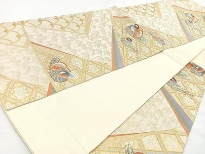 平和屋着物◎六通柄袋帯 唐織 裂型鴛鴦文 金糸 正絹 逸品 BAAR9724cm