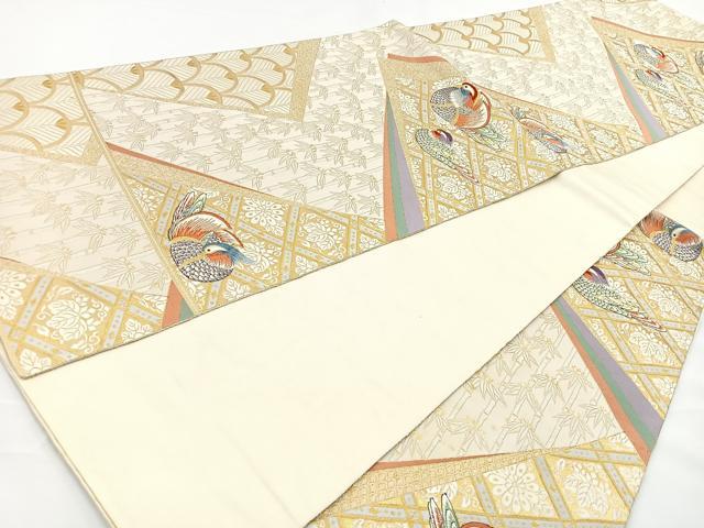 平和屋着物◎六通柄袋帯 唐織 裂型鴛鴦文 金糸 正絹 逸品 BAAR9724cm