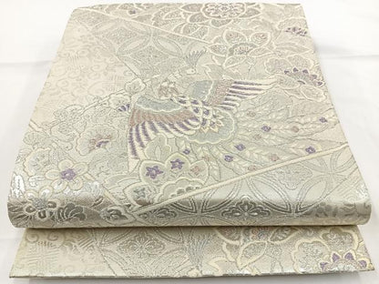 平和屋着物◎六通柄袋帯 唐織 花鳥文 銀糸 正絹 逸品 BAAR9730cm