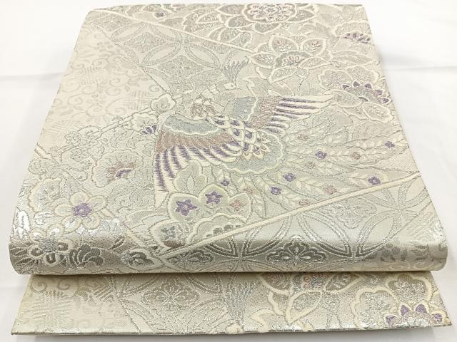 平和屋着物◎六通柄袋帯 唐織 花鳥文 銀糸 正絹 逸品 BAAR9730cm