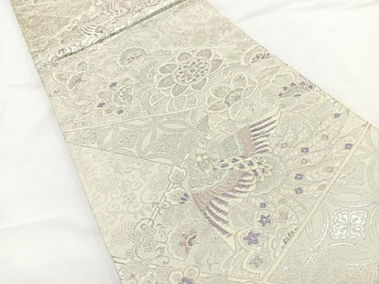 平和屋着物◎六通柄袋帯 唐織 花鳥文 銀糸 正絹 逸品 BAAR9730cm
