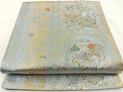 平和屋着物◎六通柄袋帯　草花文　金糸　正絹　逸品　BAAR9732cm