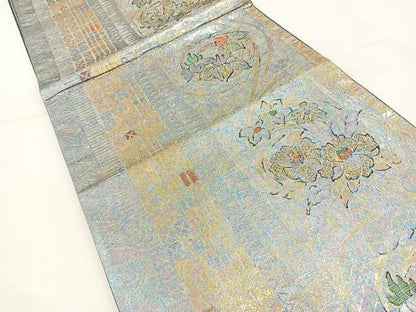 平和屋着物◎六通柄袋帯　草花文　金糸　正絹　逸品　BAAR9732cm