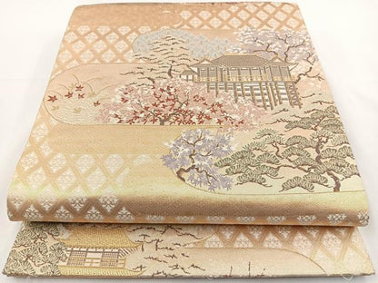 平和屋着物◎六通柄袋帯　風景文　金糸　正絹　逸品　BAAR9735cm