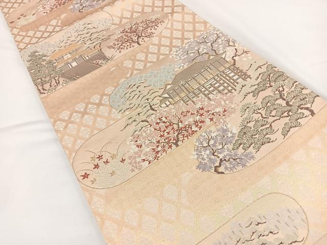 平和屋着物◎六通柄袋帯　風景文　金糸　正絹　逸品　BAAR9735cm