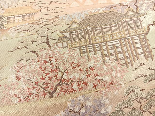 平和屋着物◎六通柄袋帯　風景文　金糸　正絹　逸品　BAAR9735cm