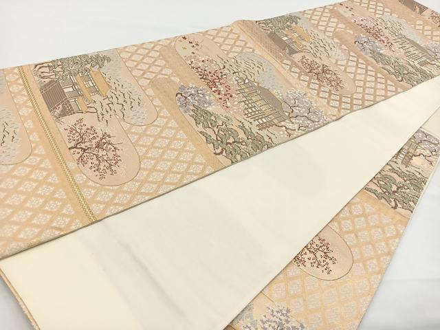 平和屋着物◎六通柄袋帯　風景文　金糸　正絹　逸品　BAAR9735cm