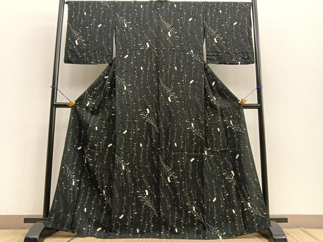 平和屋着物▽上質な小紋 単衣 短冊枝葉文 黒地 正絹 逸品 BAAS0120yt