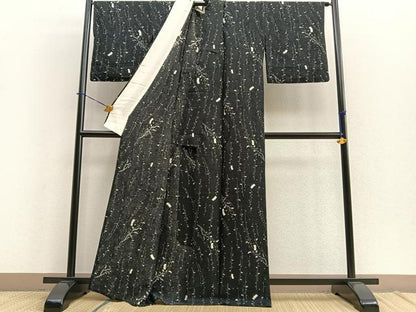 平和屋着物▽上質な小紋 単衣 短冊枝葉文 黒地 正絹 逸品 BAAS0120yt