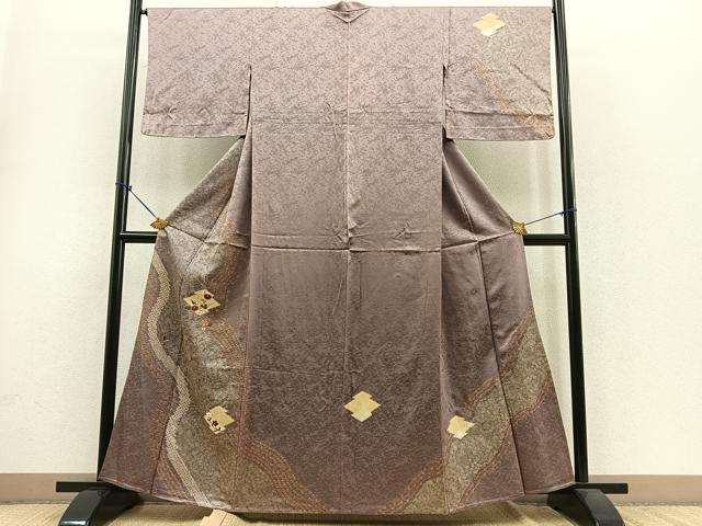 平和屋着物▽訪問着 単衣 絞り 刺繍 松皮菱花文 金糸 金彩 正絹 逸品 BAAS0384yt