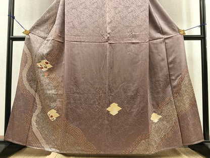 平和屋着物▽訪問着 単衣 絞り 刺繍 松皮菱花文 金糸 金彩 正絹 逸品 BAAS0384yt